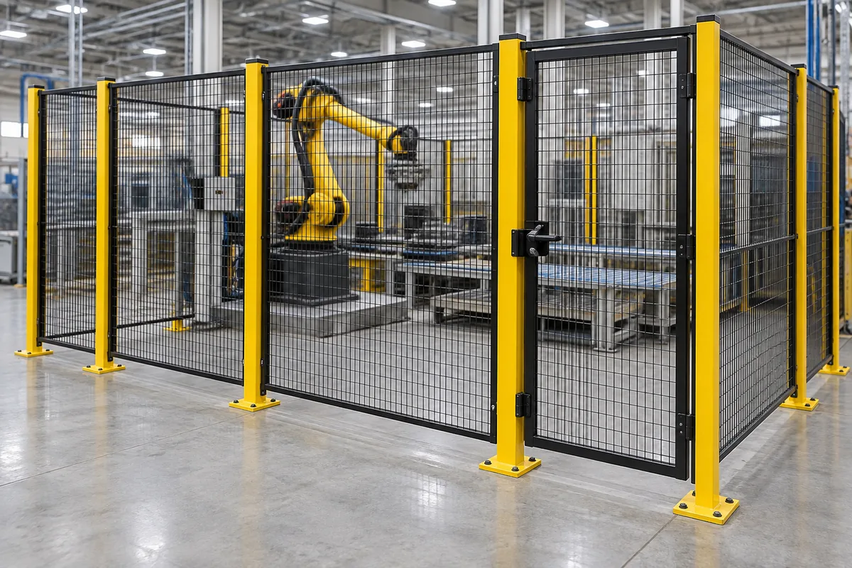 Industrial machine guarding mesh fence panels and access gate